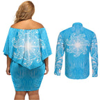 New Zealand Matariki Waiti Couples Matching Off Shoulder Short Dress and Long Sleeve Button Shirt Maori Moko Cyan Galaxy