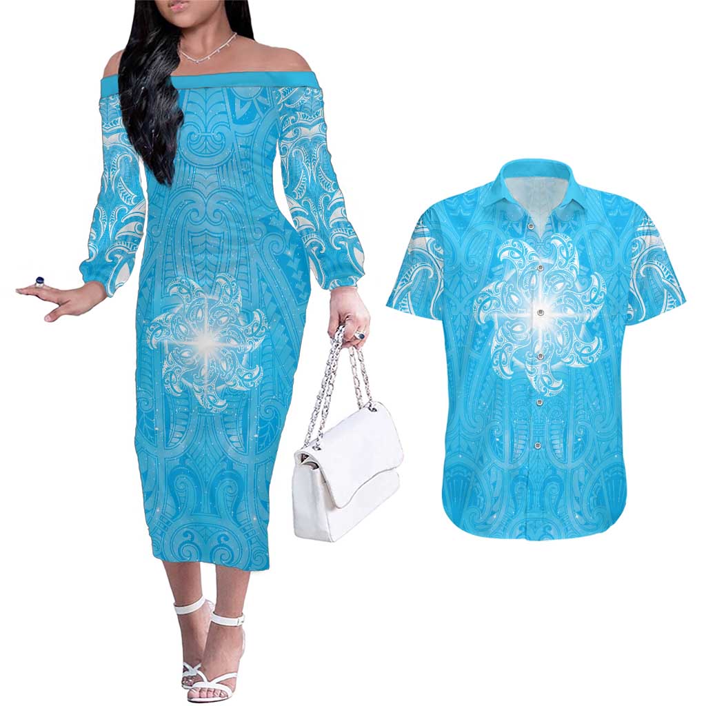 New Zealand Matariki Waiti Couples Matching Off The Shoulder Long Sleeve Dress and Hawaiian Shirt Maori Moko Cyan Galaxy