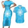 New Zealand Matariki Waiti Couples Matching Short Sleeve Bodycon Dress and Hawaiian Shirt Maori Moko Cyan Galaxy