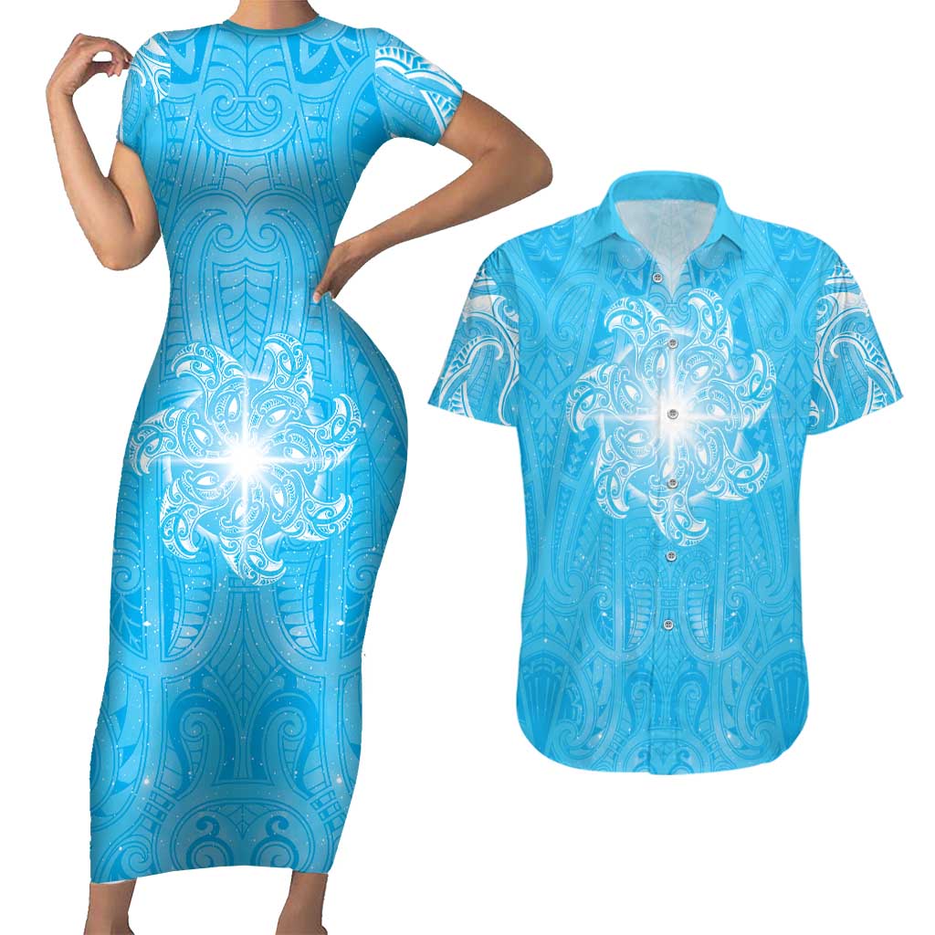 New Zealand Matariki Waiti Couples Matching Short Sleeve Bodycon Dress and Hawaiian Shirt Maori Moko Cyan Galaxy
