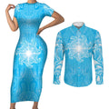 New Zealand Matariki Waiti Couples Matching Short Sleeve Bodycon Dress and Long Sleeve Button Shirt Maori Moko Cyan Galaxy