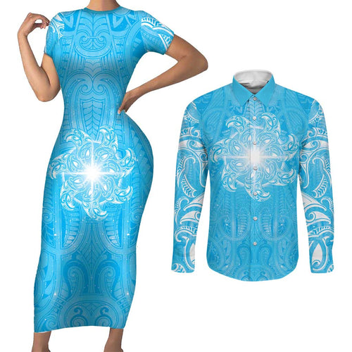 New Zealand Matariki Waiti Couples Matching Short Sleeve Bodycon Dress and Long Sleeve Button Shirt Maori Moko Cyan Galaxy