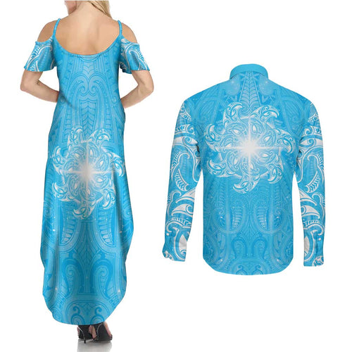 New Zealand Matariki Waiti Couples Matching Summer Maxi Dress and Long Sleeve Button Shirt Maori Moko Cyan Galaxy