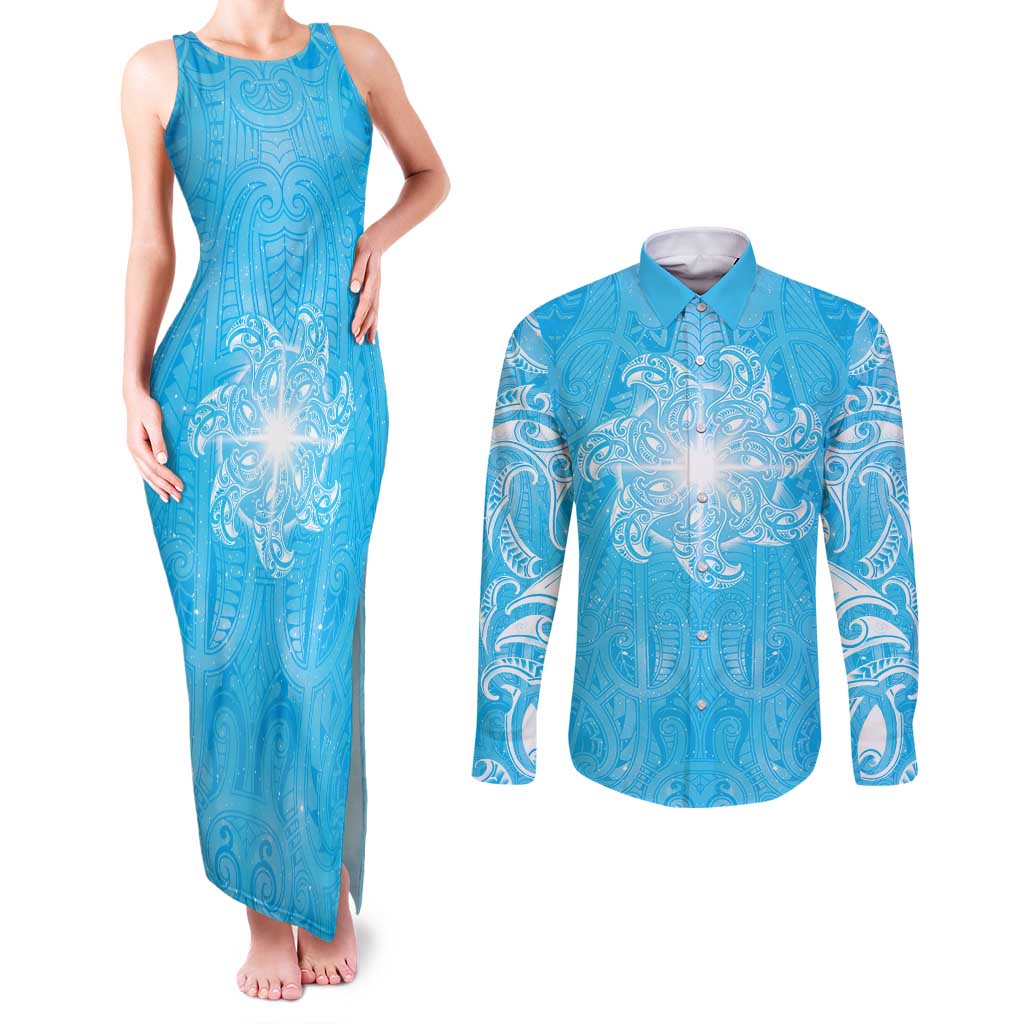 New Zealand Matariki Waiti Couples Matching Tank Maxi Dress and Long Sleeve Button Shirt Maori Moko Cyan Galaxy