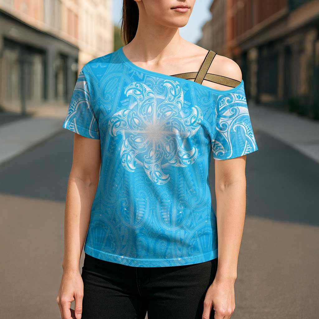 New Zealand Matariki Waiti Cross Shoulder Shirt Maori Moko Cyan Galaxy