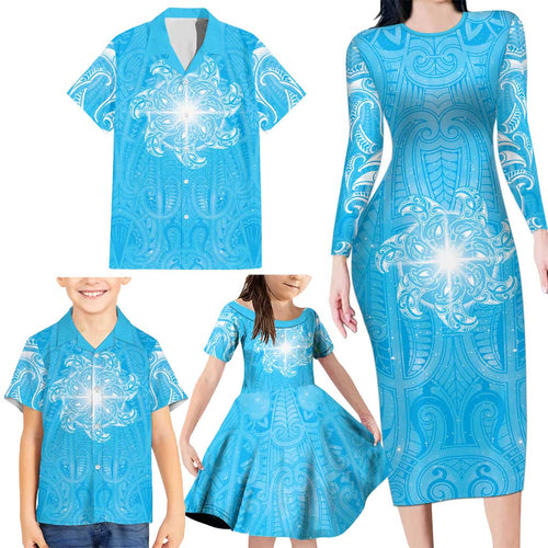 New Zealand Matariki Waiti Family Matching Long Sleeve Bodycon Dress and Hawaiian Shirt Maori Moko Cyan Galaxy