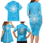 New Zealand Matariki Waiti Family Matching Long Sleeve Bodycon Dress and Hawaiian Shirt Maori Moko Cyan Galaxy