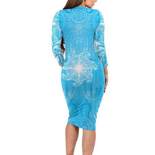 New Zealand Matariki Waiti Family Matching Long Sleeve Bodycon Dress and Hawaiian Shirt Maori Moko Cyan Galaxy