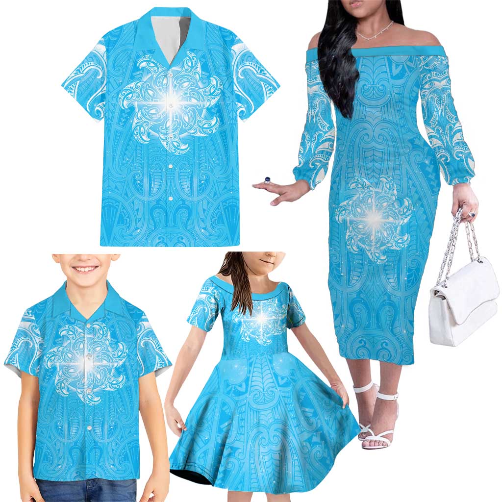 New Zealand Matariki Waiti Family Matching Off The Shoulder Long Sleeve Dress and Hawaiian Shirt Maori Moko Cyan Galaxy