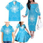 New Zealand Matariki Waiti Family Matching Off The Shoulder Long Sleeve Dress and Hawaiian Shirt Maori Moko Cyan Galaxy