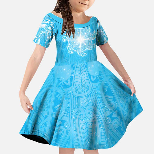 New Zealand Matariki Waiti Family Matching Off Shoulder Short Dress and Hawaiian Shirt Maori Moko Cyan Galaxy