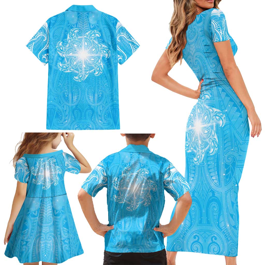 New Zealand Matariki Waiti Family Matching Short Sleeve Bodycon Dress and Hawaiian Shirt Maori Moko Cyan Galaxy