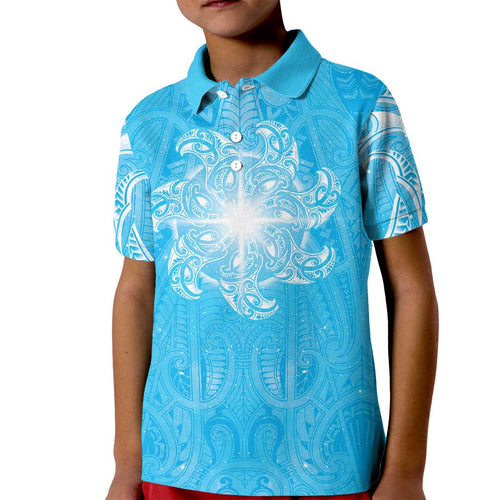 New Zealand Matariki Waiti Kid Polo Shirt Maori Moko Cyan Galaxy