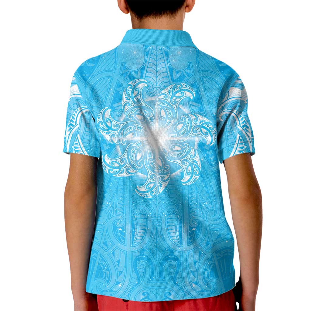 New Zealand Matariki Waiti Kid Polo Shirt Maori Moko Cyan Galaxy