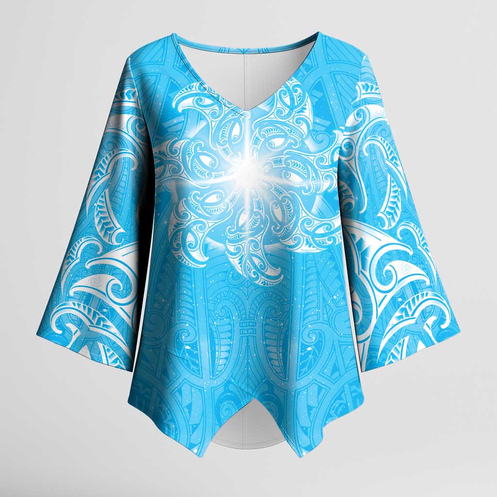 New Zealand Matariki Waiti Kimono Sleeve Blouse Maori Moko Cyan Galaxy