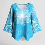 New Zealand Matariki Waiti Kimono Sleeve Blouse Maori Moko Cyan Galaxy