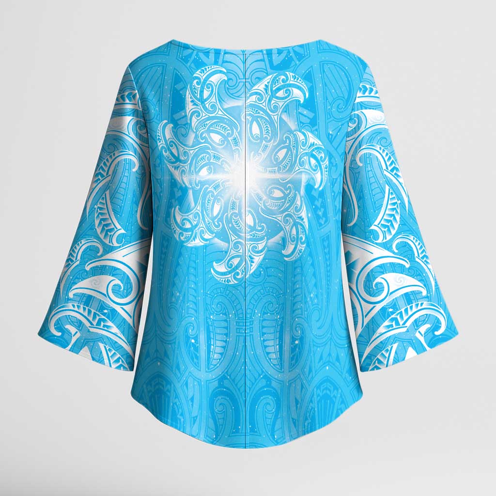 New Zealand Matariki Waiti Kimono Sleeve Blouse Maori Moko Cyan Galaxy