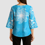 New Zealand Matariki Waiti Kimono Sleeve Blouse Maori Moko Cyan Galaxy