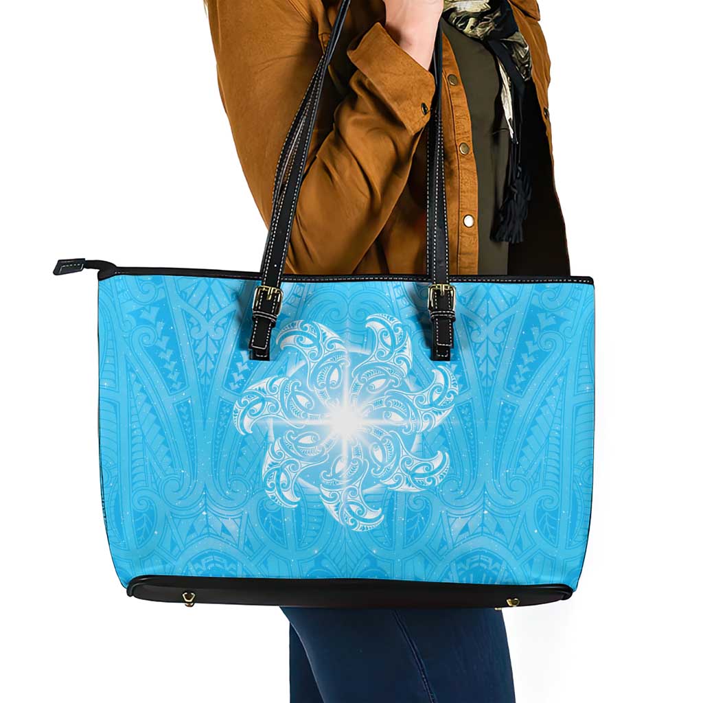 New Zealand Matariki Waiti Leather Tote Bag Maori Moko Cyan Galaxy