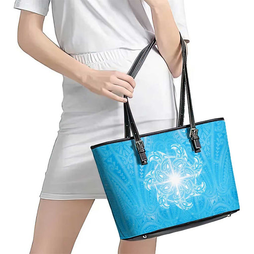 New Zealand Matariki Waiti Leather Tote Bag Maori Moko Cyan Galaxy