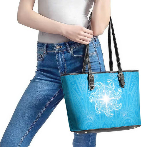 New Zealand Matariki Waiti Leather Tote Bag Maori Moko Cyan Galaxy