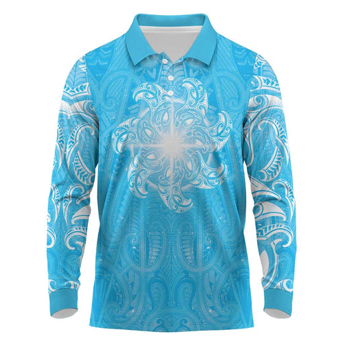 New Zealand Matariki Waiti Long Sleeve Polo Shirt Maori Moko Cyan Galaxy