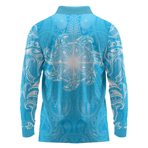 New Zealand Matariki Waiti Long Sleeve Polo Shirt Maori Moko Cyan Galaxy