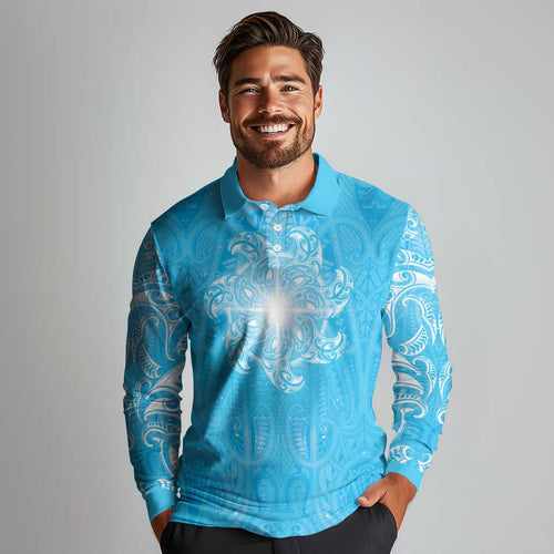 New Zealand Matariki Waiti Long Sleeve Polo Shirt Maori Moko Cyan Galaxy