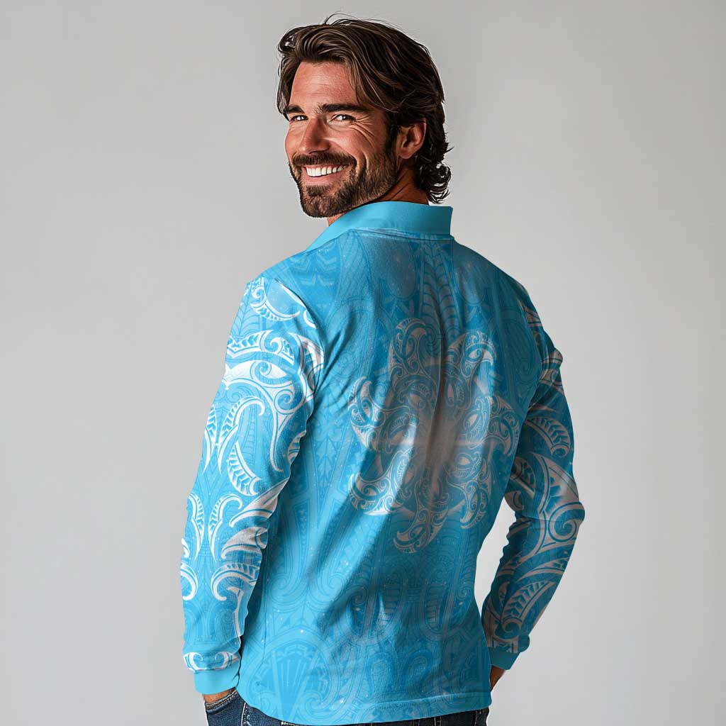 New Zealand Matariki Waiti Long Sleeve Polo Shirt Maori Moko Cyan Galaxy