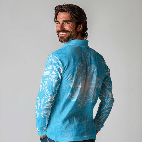 New Zealand Matariki Waiti Long Sleeve Polo Shirt Maori Moko Cyan Galaxy