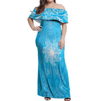 New Zealand Matariki Waiti Off Shoulder Maxi Dress Maori Moko Cyan Galaxy