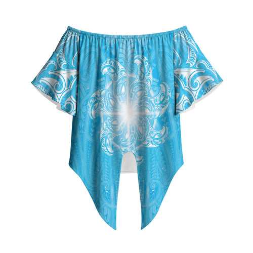 New Zealand Matariki Waiti Off Shoulder Wrap Waist Top Maori Moko Cyan Galaxy