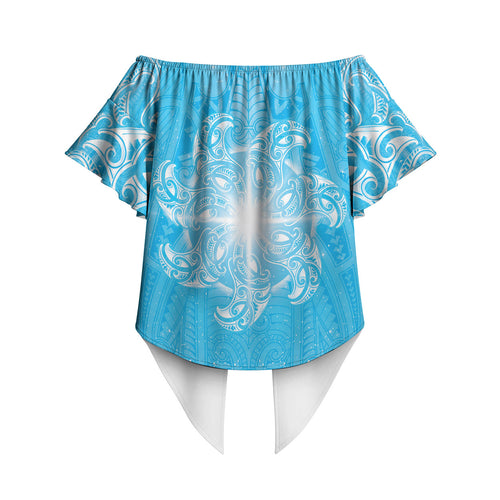 New Zealand Matariki Waiti Off Shoulder Wrap Waist Top Maori Moko Cyan Galaxy