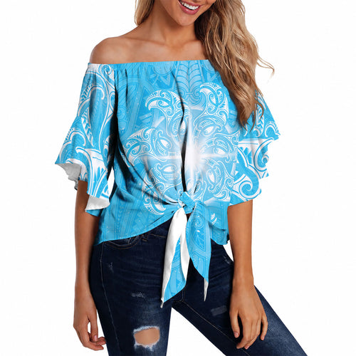 New Zealand Matariki Waiti Off Shoulder Wrap Waist Top Maori Moko Cyan Galaxy