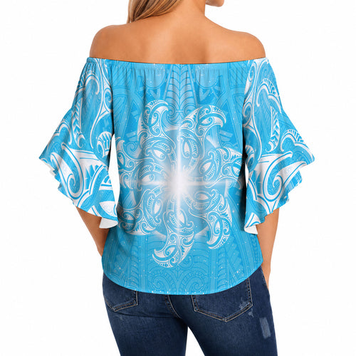 New Zealand Matariki Waiti Off Shoulder Wrap Waist Top Maori Moko Cyan Galaxy