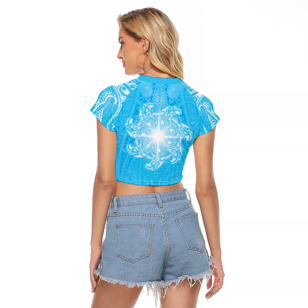 New Zealand Matariki Waiti Raglan Cropped T Shirt Maori Moko Cyan Galaxy