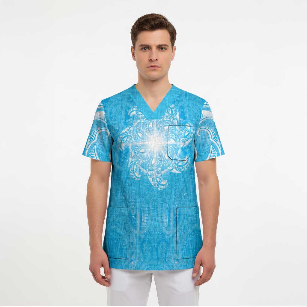 New Zealand Matariki Waiti Scrub Top Maori Moko Cyan Galaxy