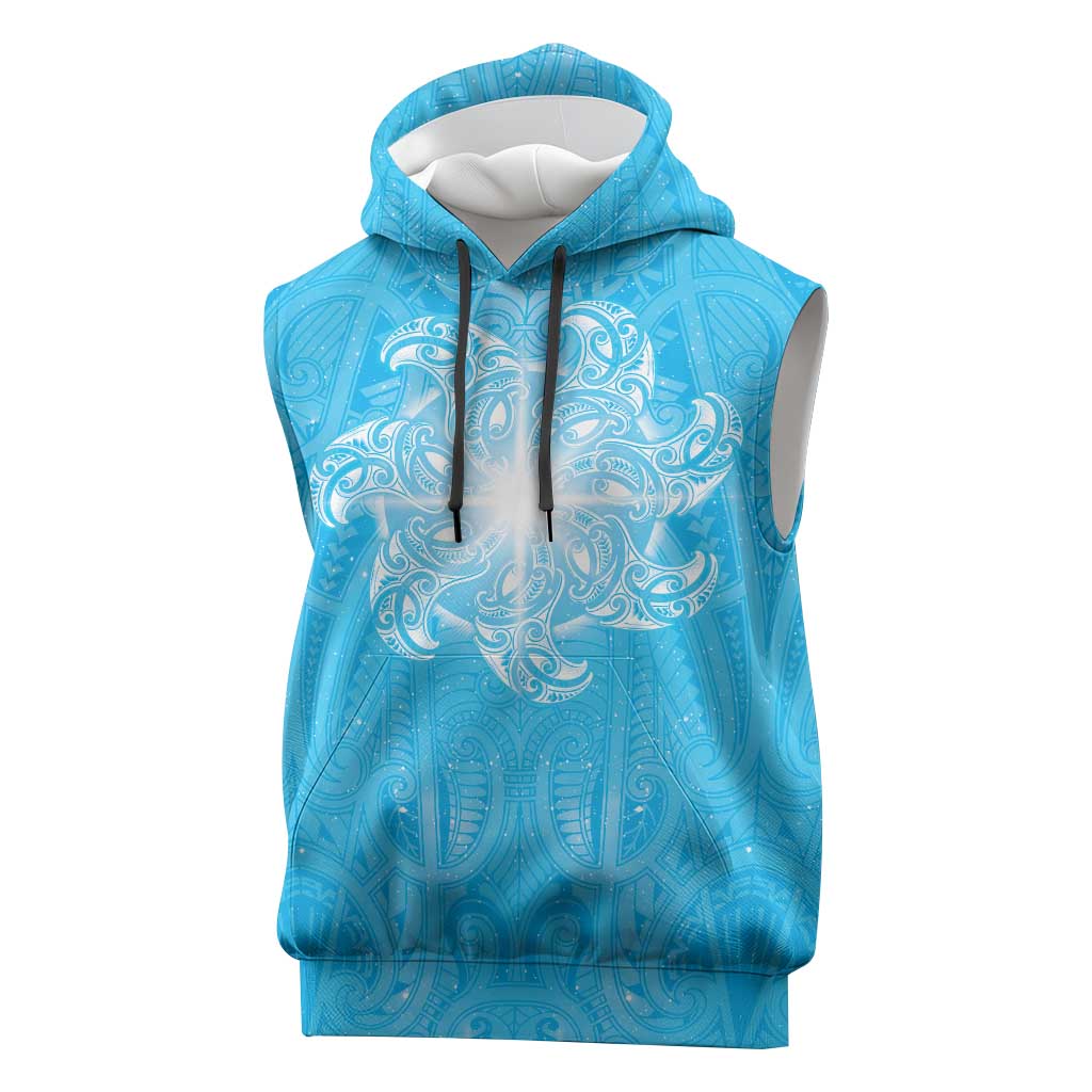 New Zealand Matariki Waiti Sleeveless Hoodie Maori Moko Cyan Galaxy