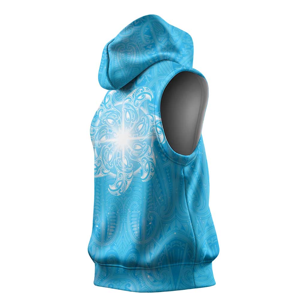 New Zealand Matariki Waiti Sleeveless Hoodie Maori Moko Cyan Galaxy