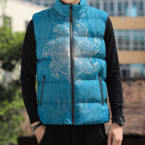 New Zealand Matariki Waiti Sleeveless Puffer Jacket Maori Moko Cyan Galaxy