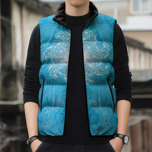 New Zealand Matariki Waiti Sleeveless Puffer Jacket Maori Moko Cyan Galaxy