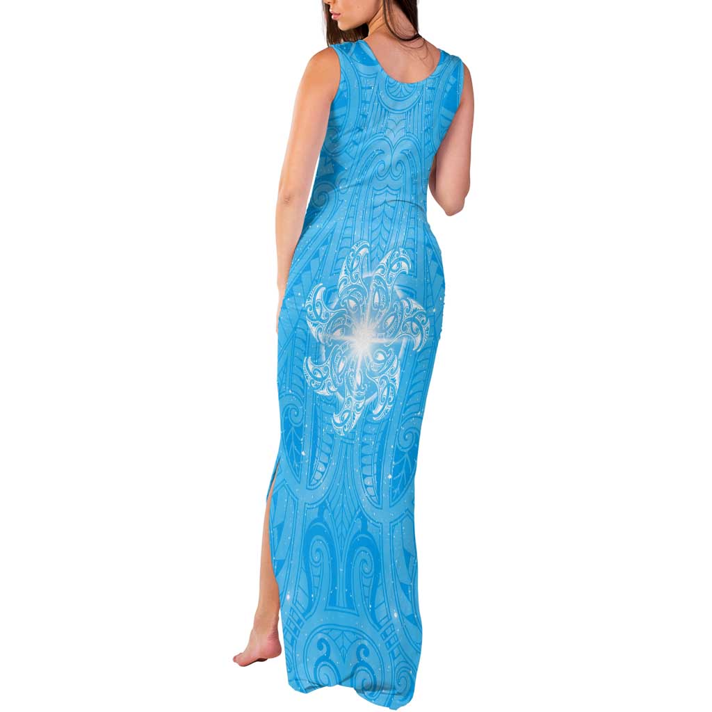New Zealand Matariki Waiti Tank Maxi Dress Maori Moko Cyan Galaxy