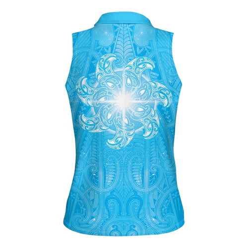 New Zealand Matariki Waiti Women Sleeveless Polo Shirt Maori Moko Cyan Galaxy