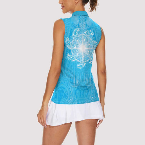 New Zealand Matariki Waiti Women Sleeveless Polo Shirt Maori Moko Cyan Galaxy