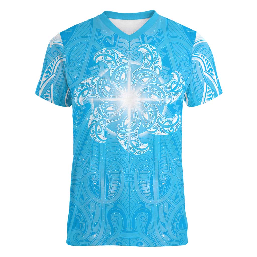 New Zealand Matariki Waiti Women V-Neck T-Shirt Maori Moko Cyan Galaxy