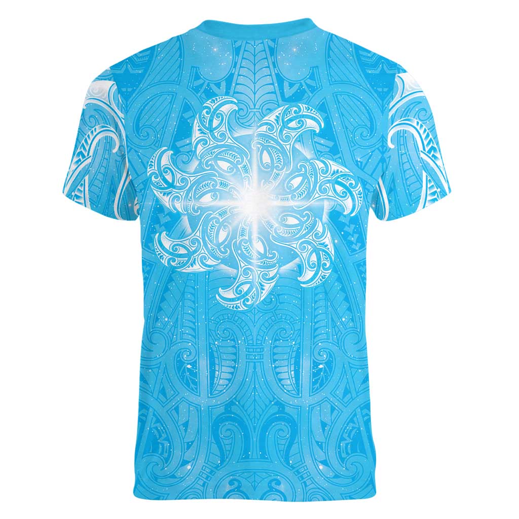 New Zealand Matariki Waiti Women V-Neck T-Shirt Maori Moko Cyan Galaxy