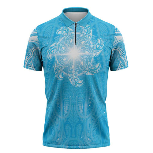 New Zealand Matariki Waiti Zipper Polo Shirt Maori Moko Cyan Galaxy