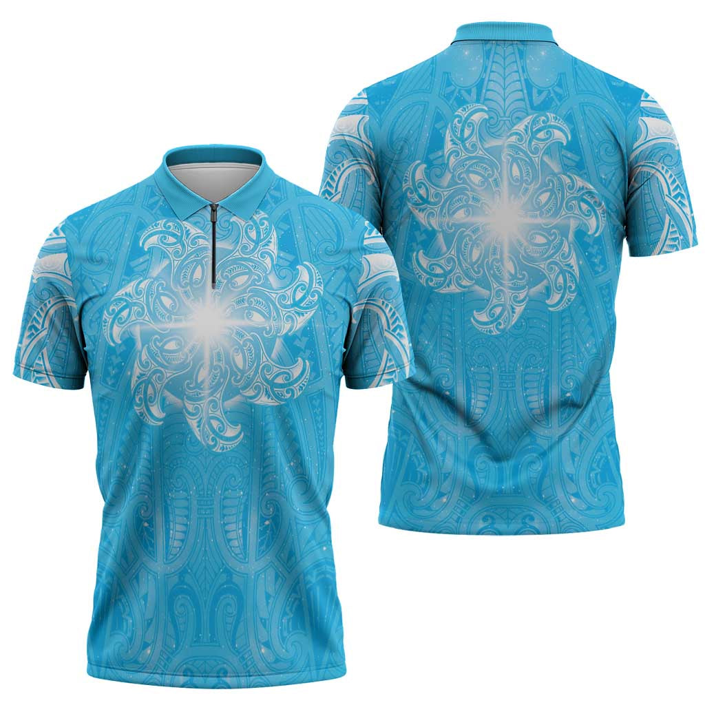 New Zealand Matariki Waiti Zipper Polo Shirt Maori Moko Cyan Galaxy