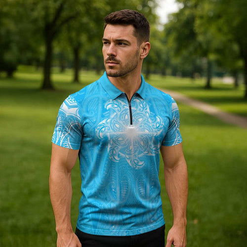 New Zealand Matariki Waiti Zipper Polo Shirt Maori Moko Cyan Galaxy