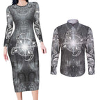 New Zealand Matariki Ururangi Couples Matching Long Sleeve Bodycon Dress and Long Sleeve Button Shirt Maori Moko Grey Galaxy